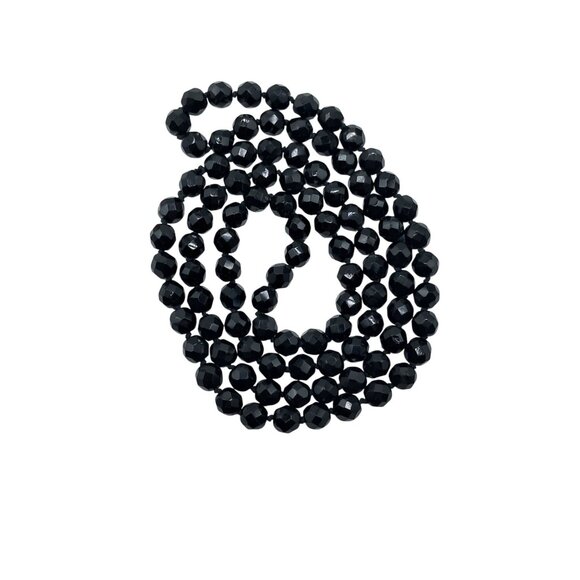 Vintage Black Glass Beaded Necklace Faceted Beads Single Continuous Strand Costu - Picture 2 of 8